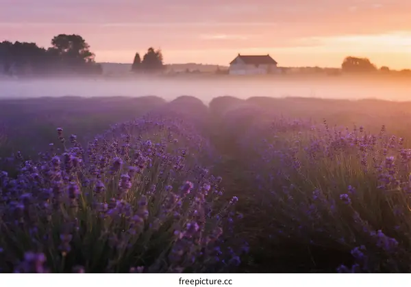 Beautiful Lavender Field with Morning Mist at Sunrise