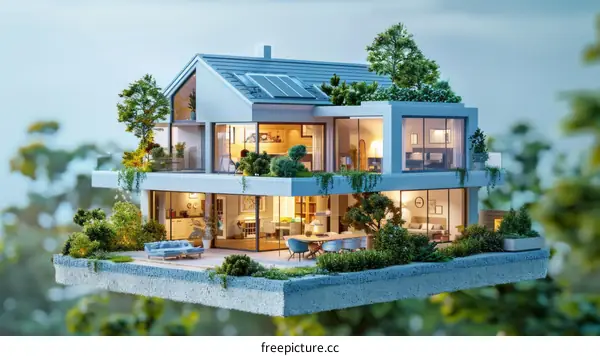 Modern house exterior with large glass windows and green plants growing around it