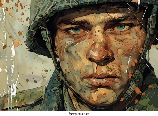 Close-up portrait of a soldier with face paint