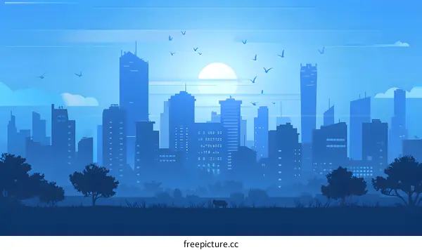 Blue Silhouette Cityscape with Birds