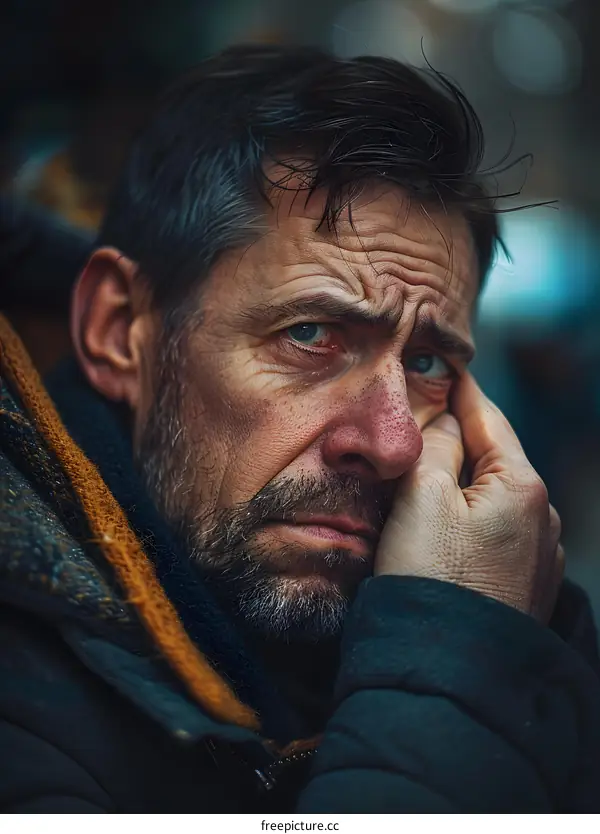 Portrait of a man with a beard and a sad expression on his face