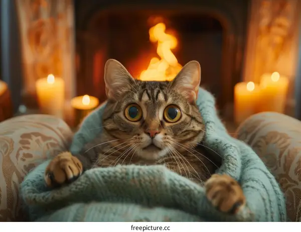 A cute cat is sitting on a chair in front of a fireplace.