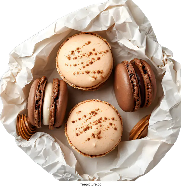 [Transparent Background PNG]Four macarons on white crumpled paper