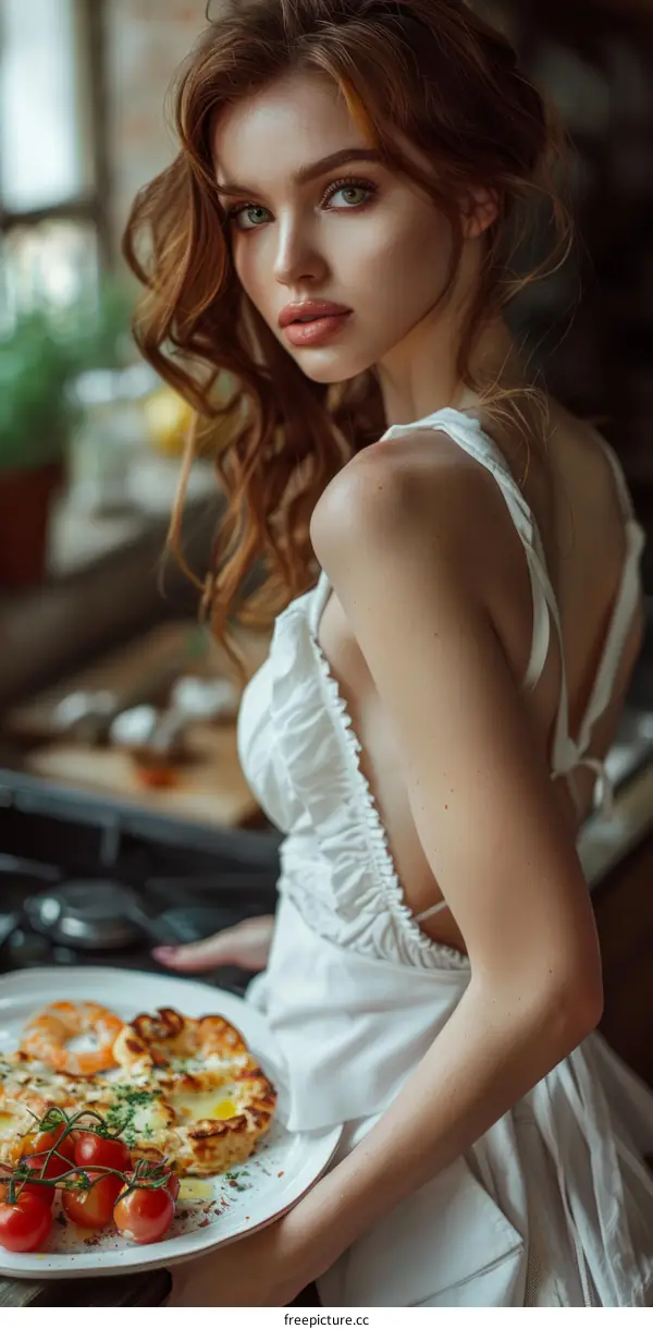 portrait of a beautiful woman in the kitchen
