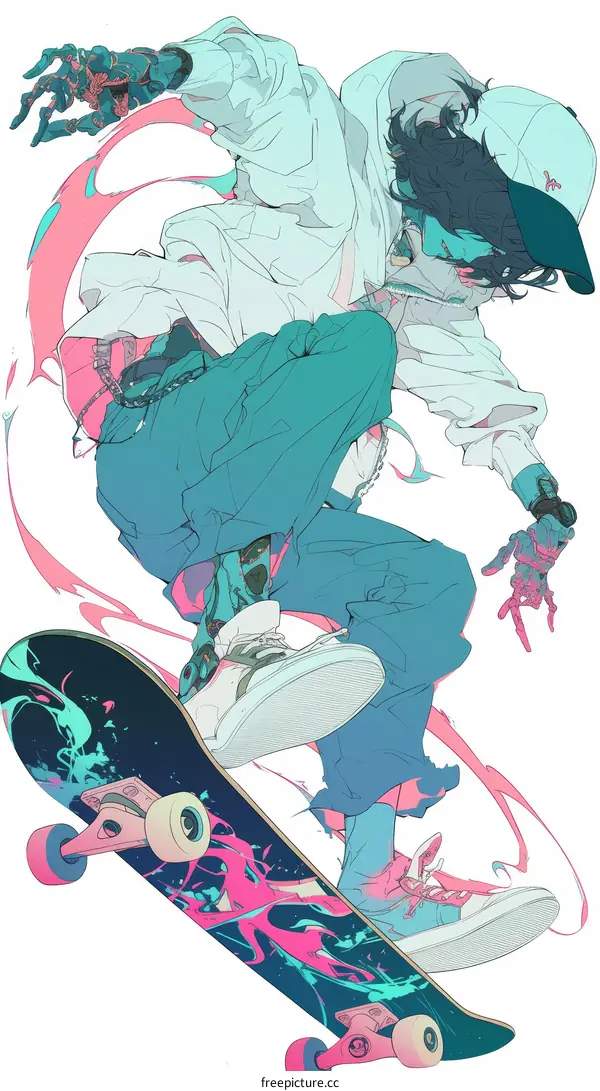 Young Man with Robotic Arm Skateboarding in Urban Setting