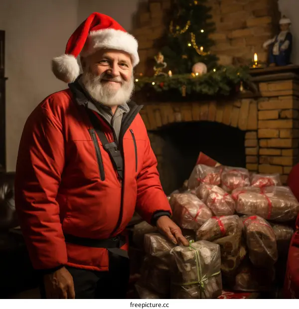 An old man dressed as Santa Claus is standing in a room full of presents.
