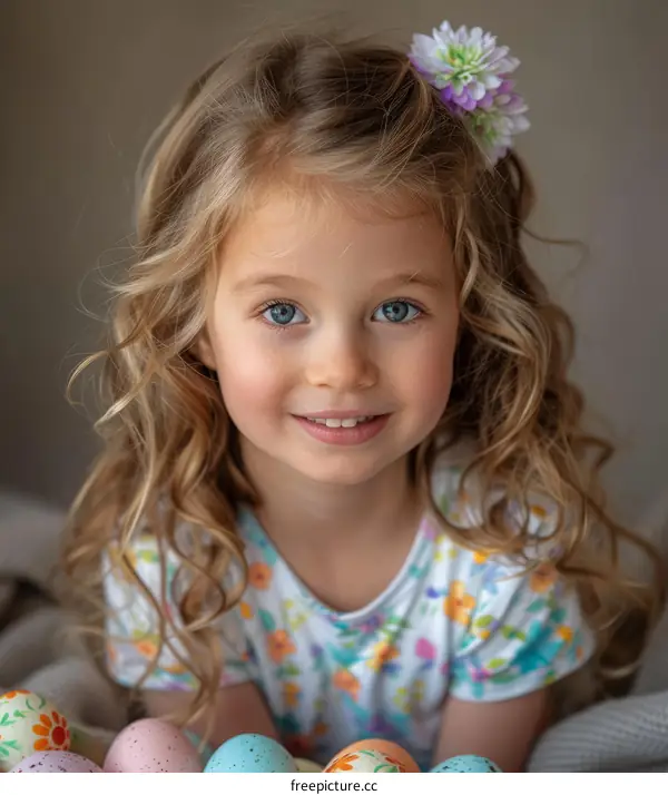 Portrait of a happy little girl with curly blond hair and blue eyes smiling at the camera