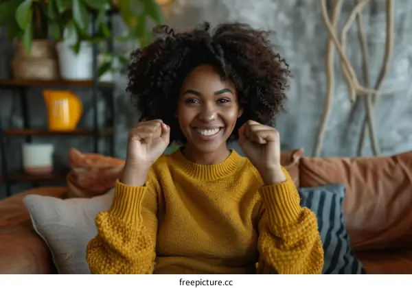 Happy young African American woman celebrating success at home