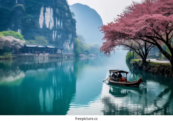 chinese landscape painting of a boat on a river with cherry blossoms
