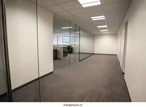 Modern Empty Office Interior with Glass Walls and Carpet Flooring