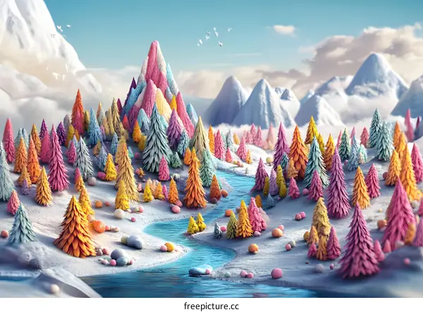 Colorful Winter Wonderland Mountain Scene with River