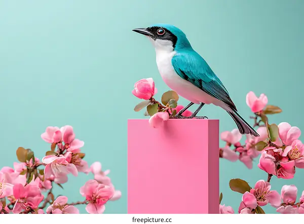 Blue Bird Perched on Pink Block with Flowers
