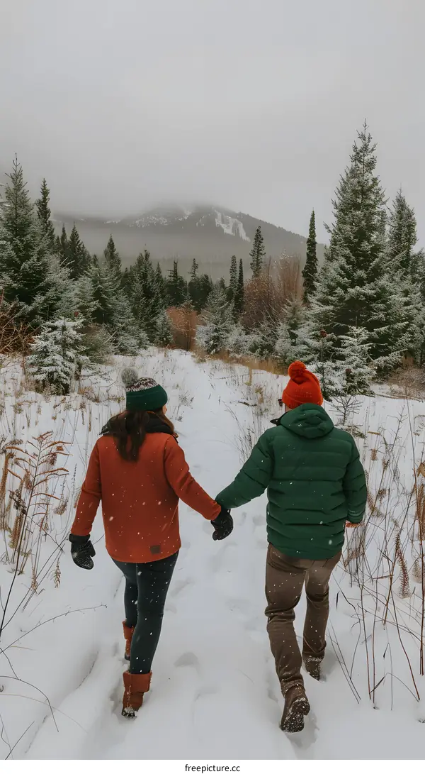Couple Walking on Snowy Trail in Winter Forest