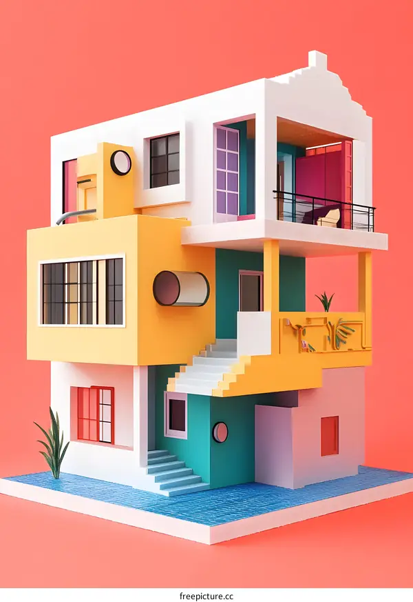 Abstract Colorful House Illustration with Geometric Shapes