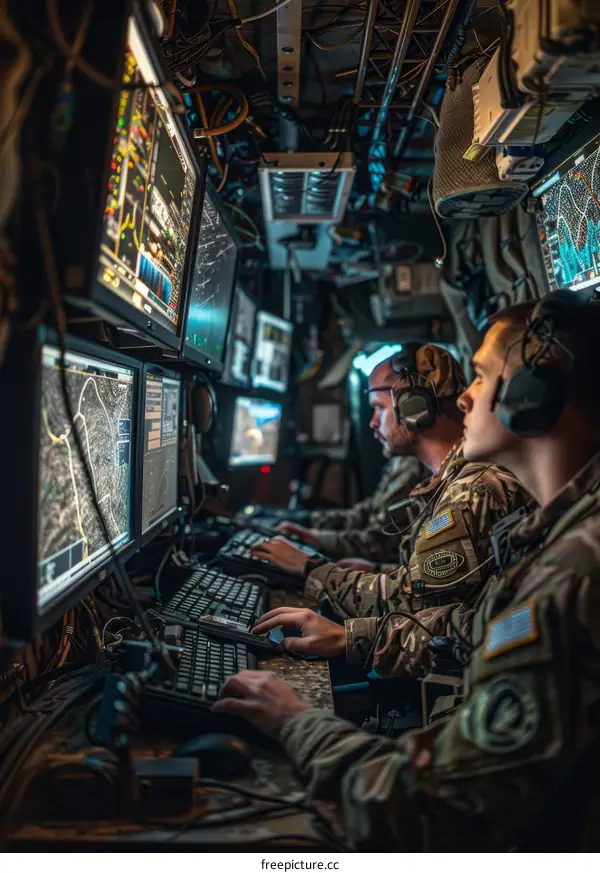 Two soldiers using computers in a military vehicle