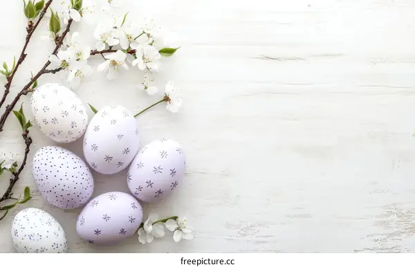 Easter Eggs with Spring Blossoms on White Wood