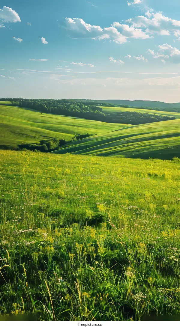 Green rolling hills under blue sky with white clouds