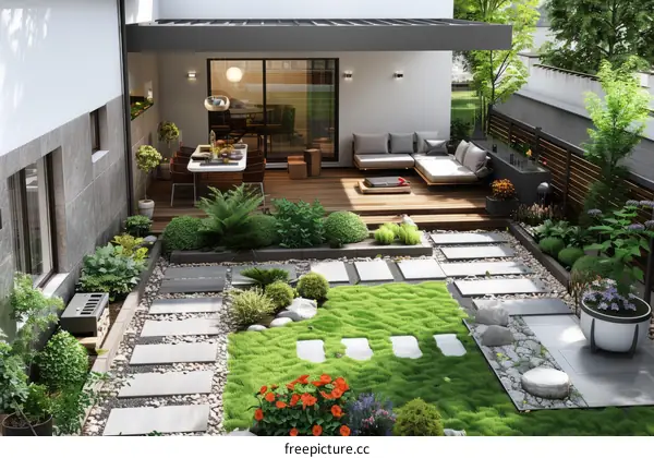 An illustration of a modern house with a beautiful garden