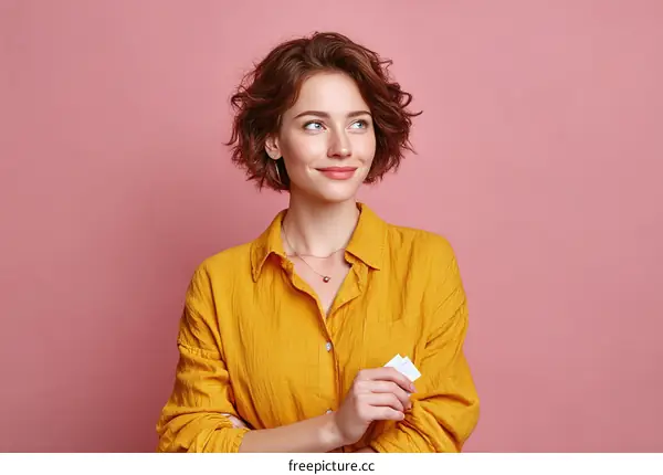 Smiling Woman in Yellow Shirt Against Pink Background