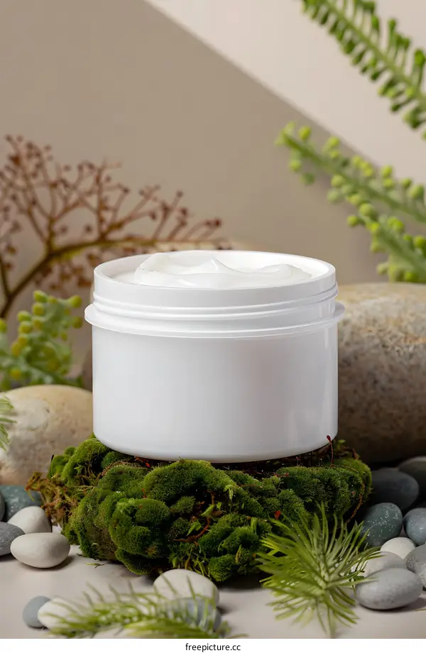 White Cream Jar on Moss and Stones