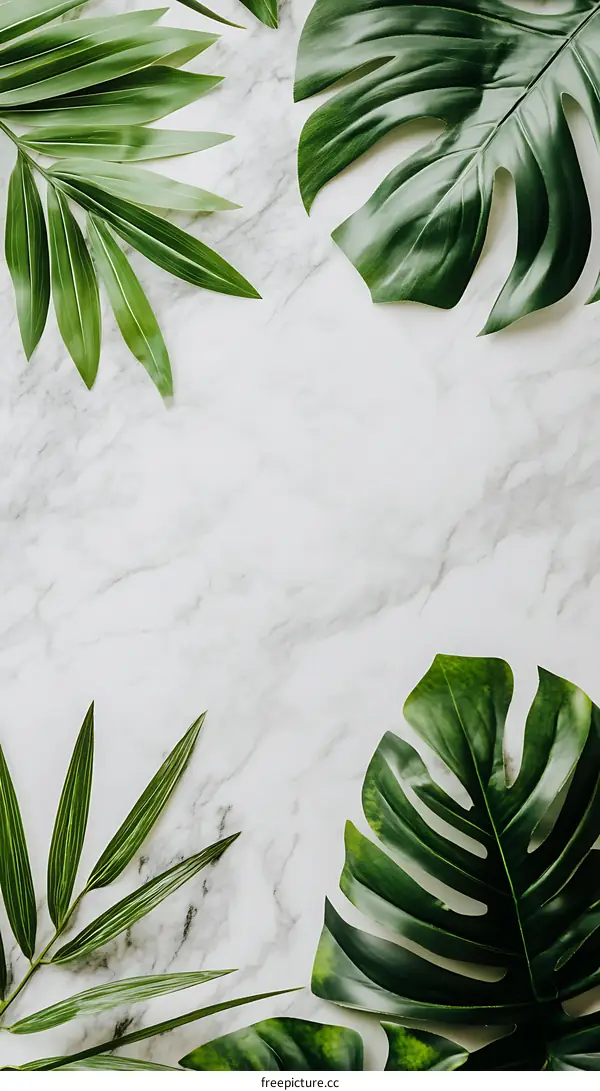 Green Leaves on White Marble Background