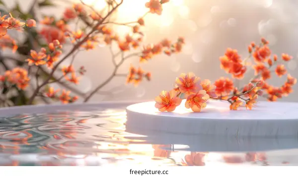 Round marble podium with peach blossom for product showcase 3d rendering