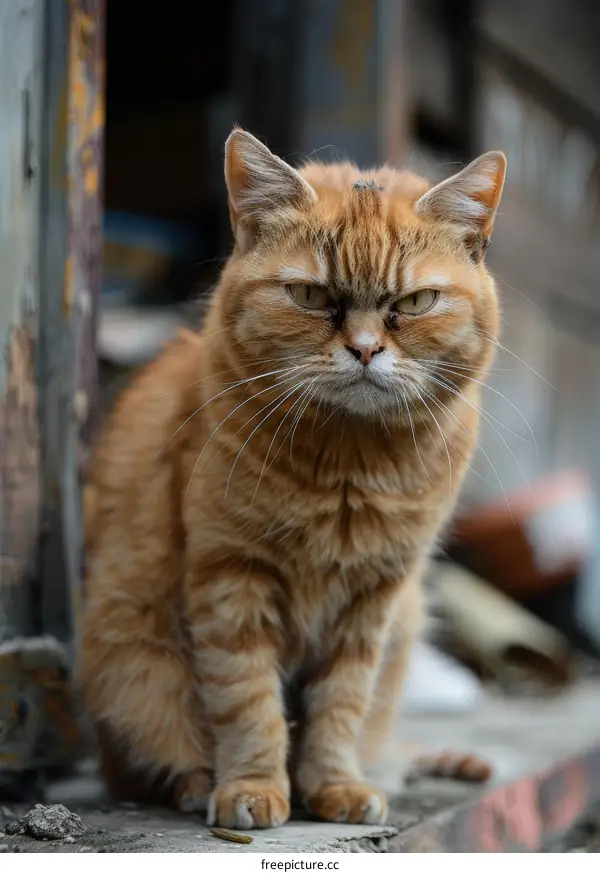 Orange cat sitting on the wooden floor