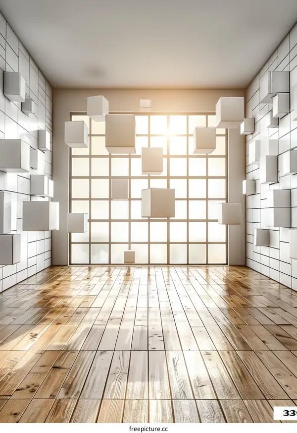 White boxes floating in a room with a large window