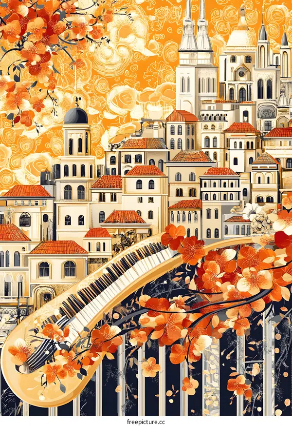 Piano Keys and European Cityscape Illustration