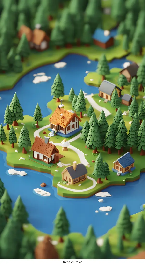 Low Poly Illustration of a Small Village by a Lake