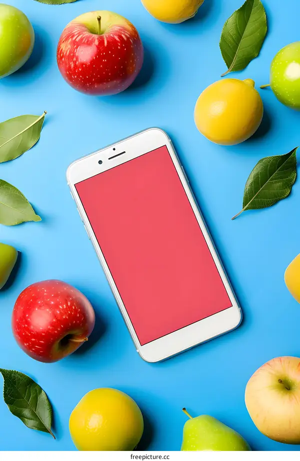 Fresh Fruit and Smartphone Mockup on Blue Background