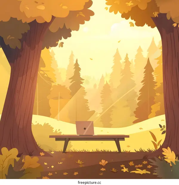 Autumn Forest Landscape with Laptop on Bench