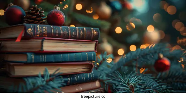 A stack of books to read by the Christmas tree