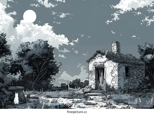 thatched cottage in a clearing in the woods