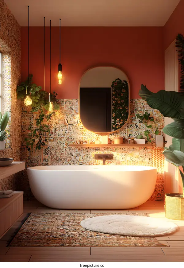 Modern Bathroom Interior Design with Rustic Wooden Elements and Colorful Tile Mosaic