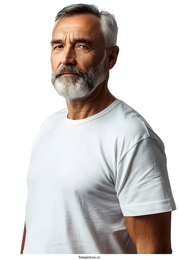 [Transparent Background PNG]Serious Man with White Hair and Beard Wearing White T Shirt