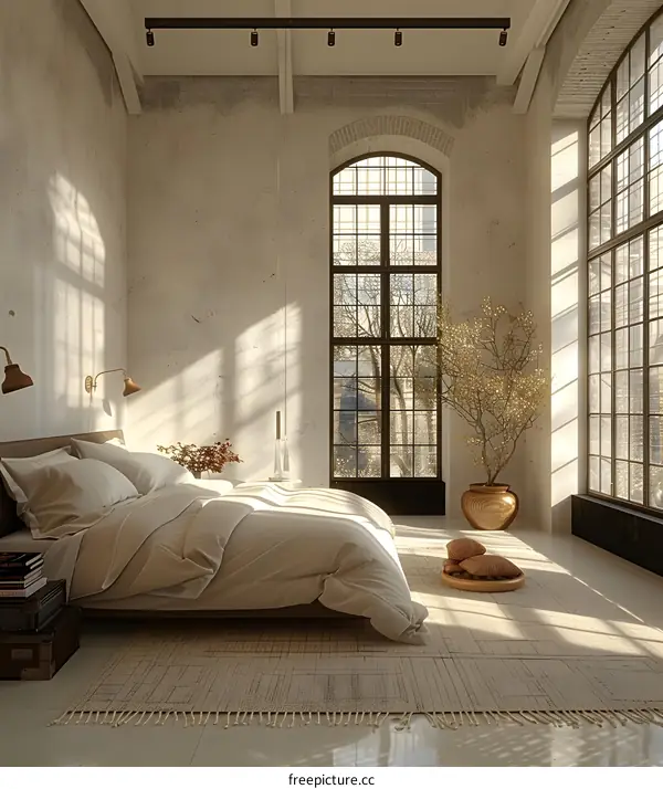 Modern Minimalist Bedroom with Warm Sunlight