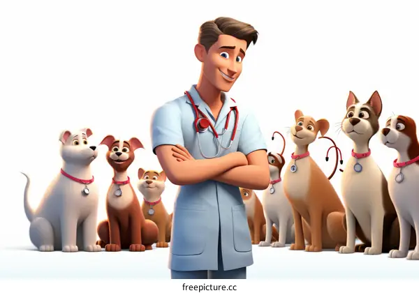 Veterinarian standing confidently with stethoscope and a group of friendly dogs and cats