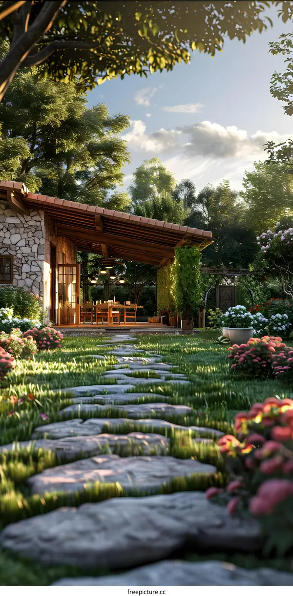 Stone Path Through Lush Garden With Wooden Patio