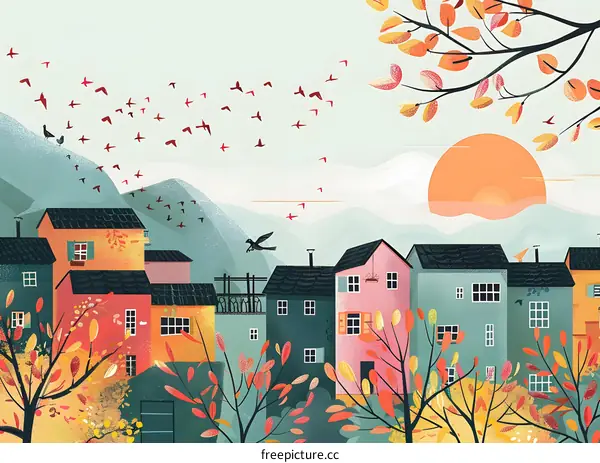 Colorful Autumn Landscape with Houses and Flying Birds