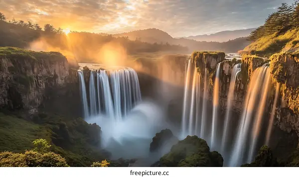 Majestic Waterfall at Golden Sunrise
