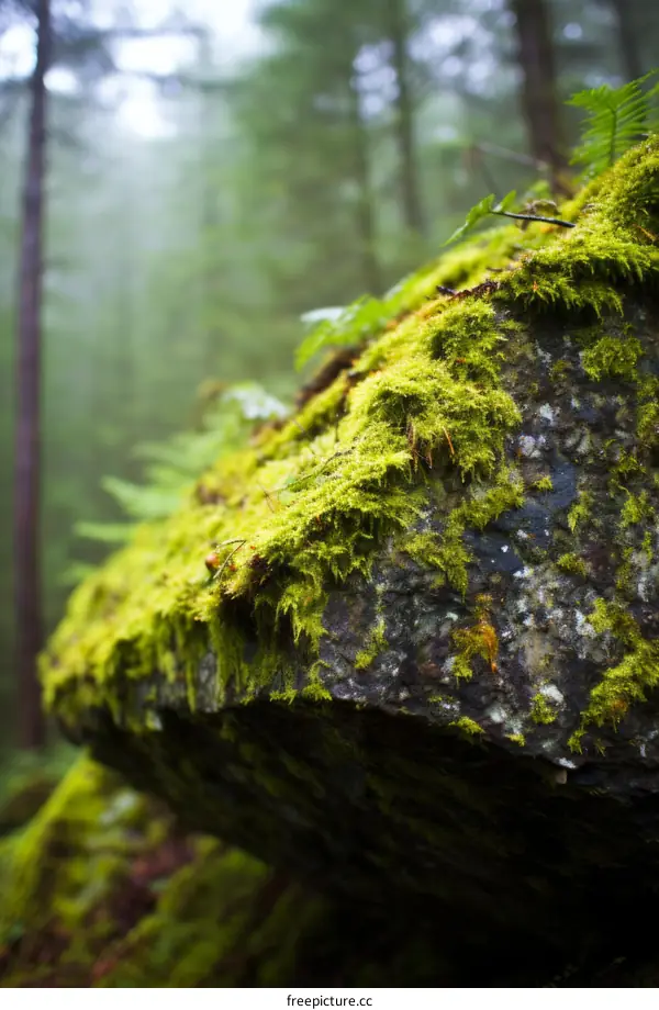 Close-up of moss and ferns growing on a rock in a forest
