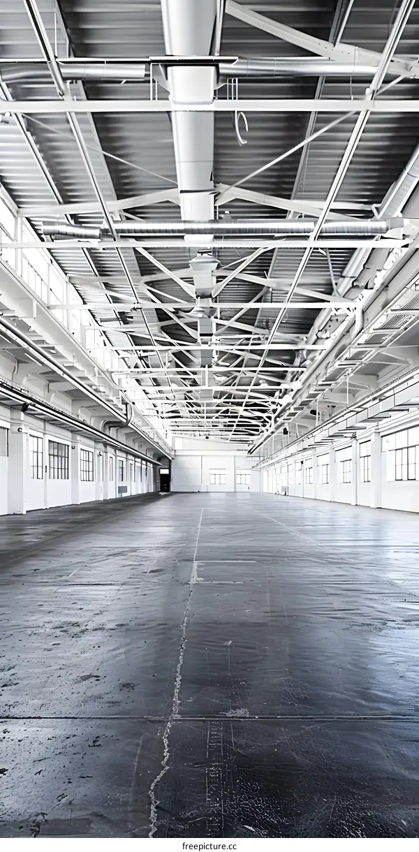 Empty Industrial Building with White Walls and Metal Beams