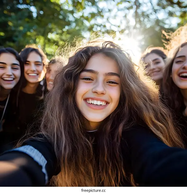 Group of Young People Taking Selfie Outdoors