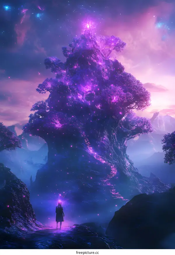 Fantasy Tree With Glowing Lights And Woman