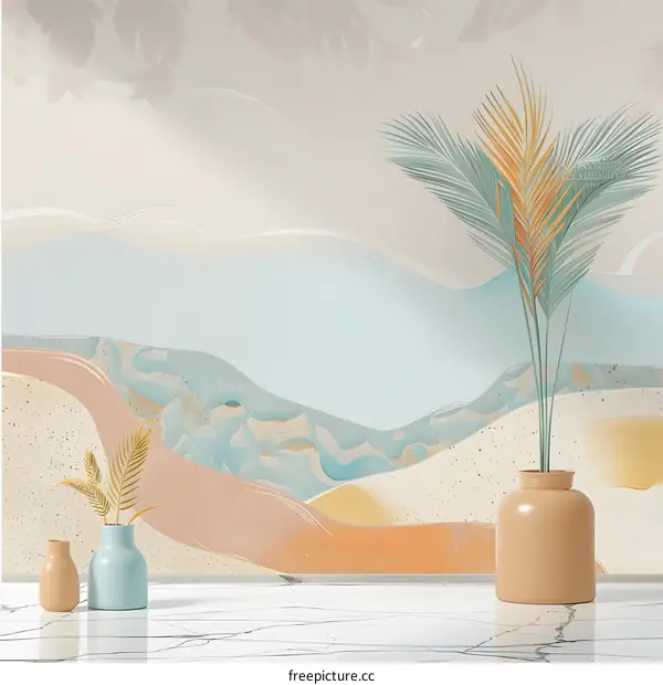 Abstract Landscape with Palm Tree and Vases