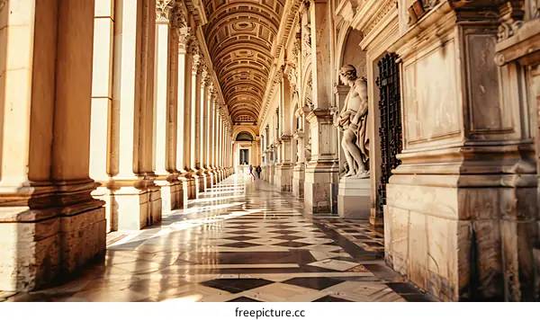 Arched Colonnade With Marble Floor and Stone Statues