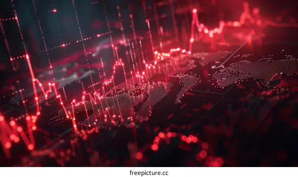 Red glowing 3D rendering of a circuit board with a world map in the background