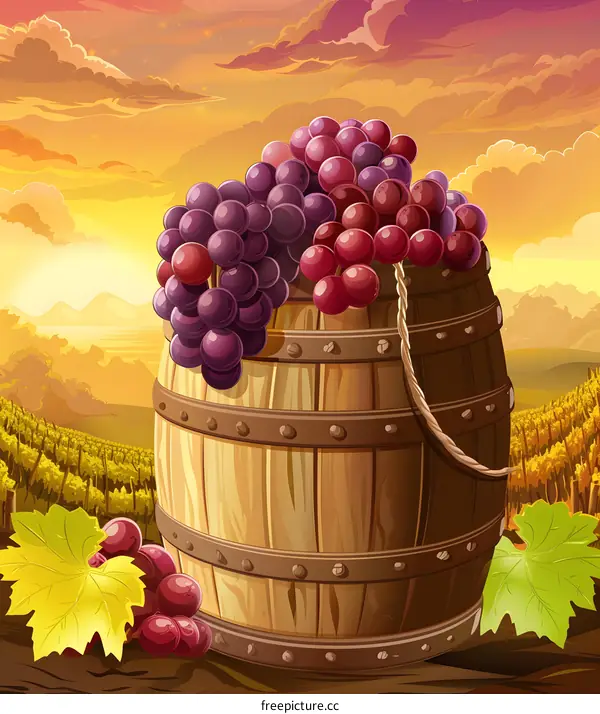 Wooden Wine Barrel with Grapes and Sunset Background