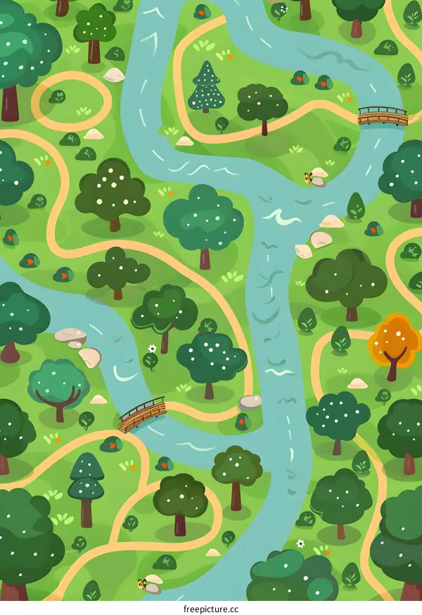 Illustrated Top View Map of a Park with Winding River and Path